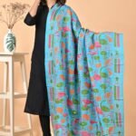 Sky Blue Bird Pure Silk Kantha Dupatta