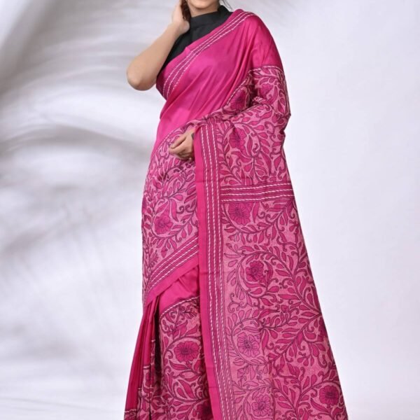 Pink Reverse Floral Pure Silk Kantha Saree