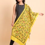 Yellow Floral Pure Tussar Kantha Stole