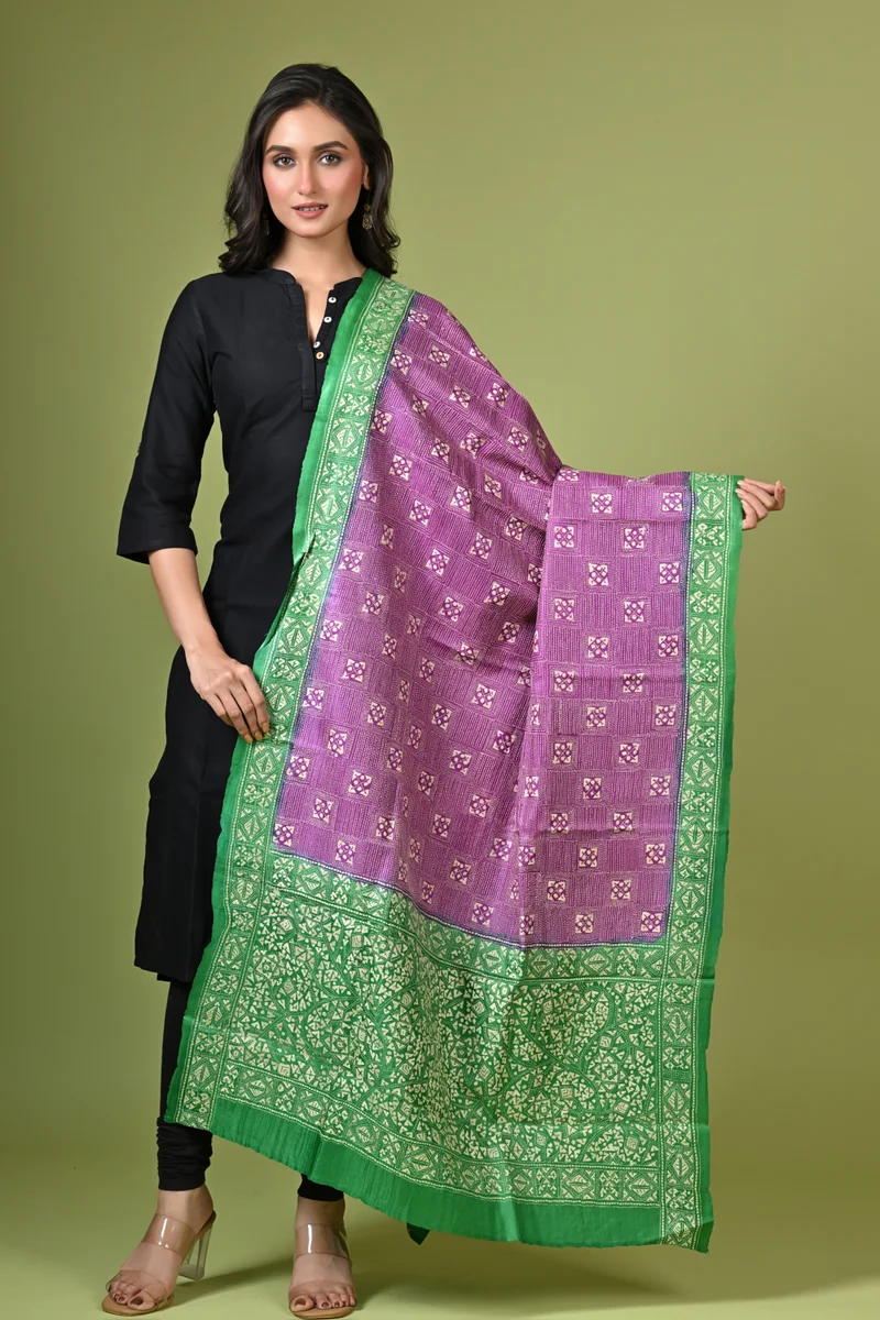 D 200-1 Purple and Green Pure Tussar Kantha Dupatta - Image 1