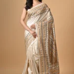 Off White Traditional Kantha Hand Embroidered Pure Tussar Saree