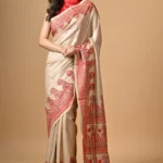 Off White Traditional Kantha Hand Embroidered Pure Tussar Saree