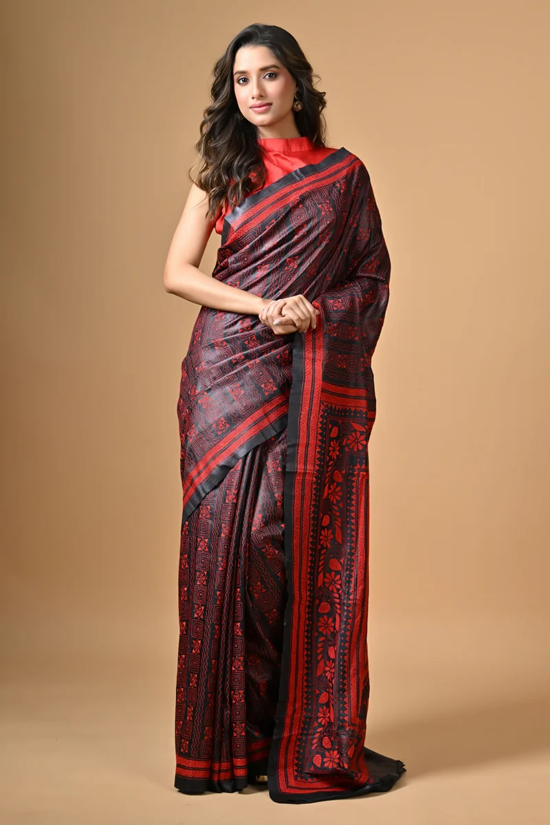S270-1 Black Traditional Kantha Hand Embroidered Pure Tussar Saree - Image 1