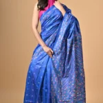 Blue Traditional Kantha Hand Embroidered Pure Tussar Saree