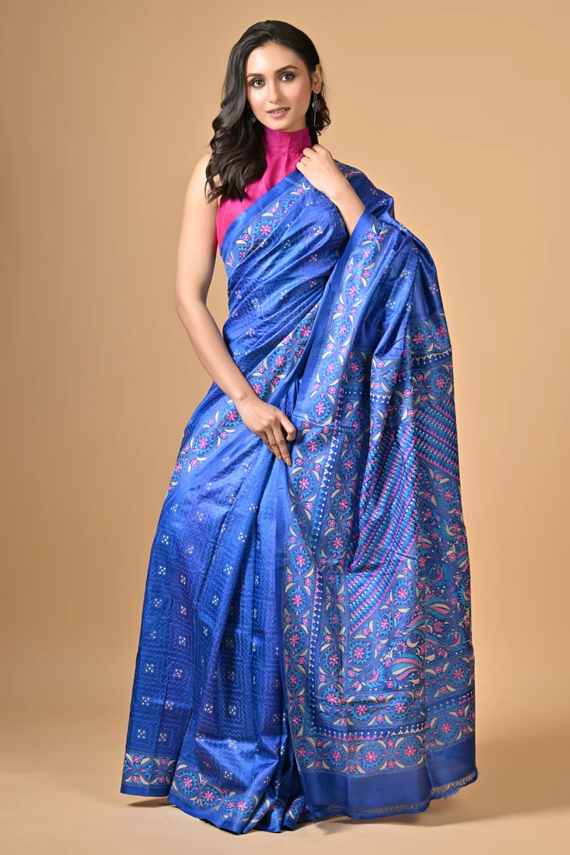 S272-1 Blue Traditional Kantha Hand Embroidered Pure Tussar Saree - Image 1