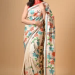 Off White Floral Kantha Hand Embroidered Pure Tussar Saree