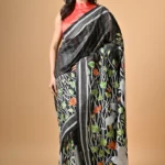 Black Floral and Swan Kantha Hand Embroidered Pure Tussar Saree