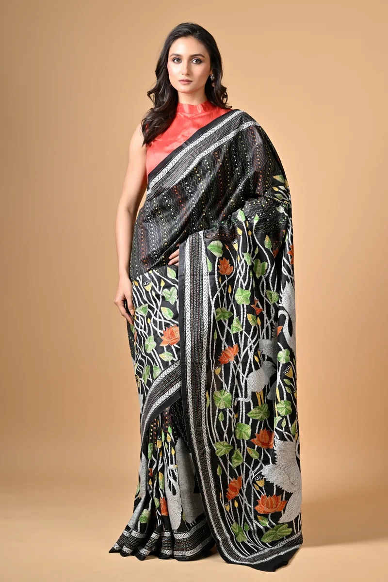 S277-1 Black Floral and Swan Kantha Hand Embroidered Pure Tussar Saree - Image 1