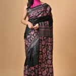 Black Floral Kantha Hand Embroidered Pure Silk Saree