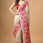 Off White Floral Kantha Hand Embroidered Pure Tussar Saree