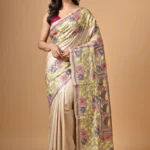 Off White Floral Kantha Hand Embroidered Pure Tussar Saree