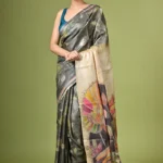 Grey Handpainted Kantha Pure Tussar Saree