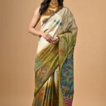 Off White and Green Handpainted Kantha PureTussar Saree