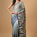 Grey Abstract Handpainted Kantha Pure Tussar Saree
