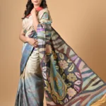Off White Abstract Handpainted Kantha Pure Tussar Saree