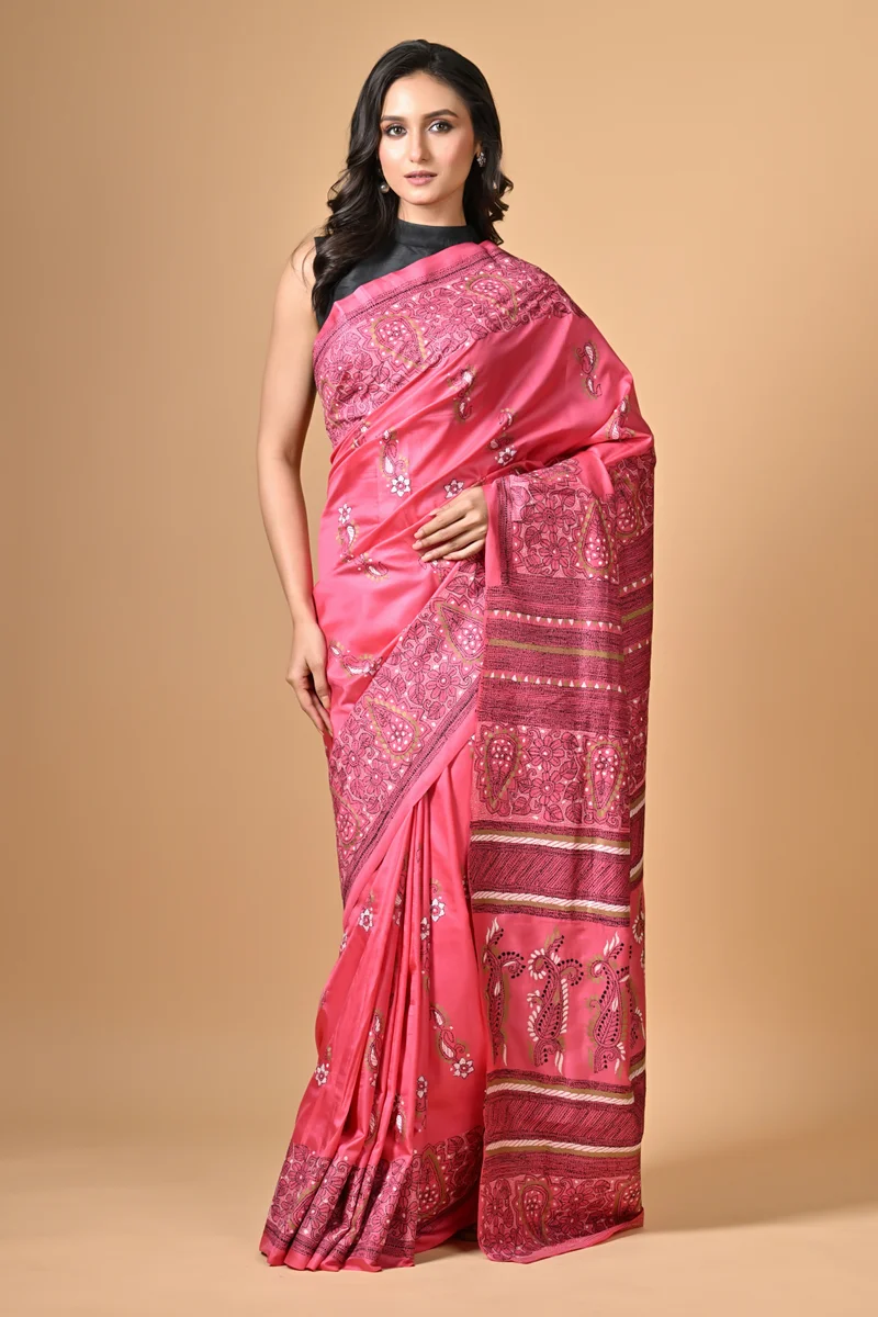S299-1 Magenta Traditional Paisleys Kantha Hand Embroidered Pure Silk Saree - Image 1