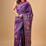 Purple Blue Floral Kantha Hand Embroidered Pure Silk Saree