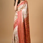 Off White and Red Traditional Kantha Hand Embroidered Pure Tussar Saree