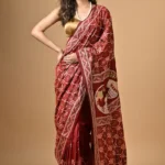 Maroon Folk Motifs Kantha Hand Embroidered Pure Silk Saree