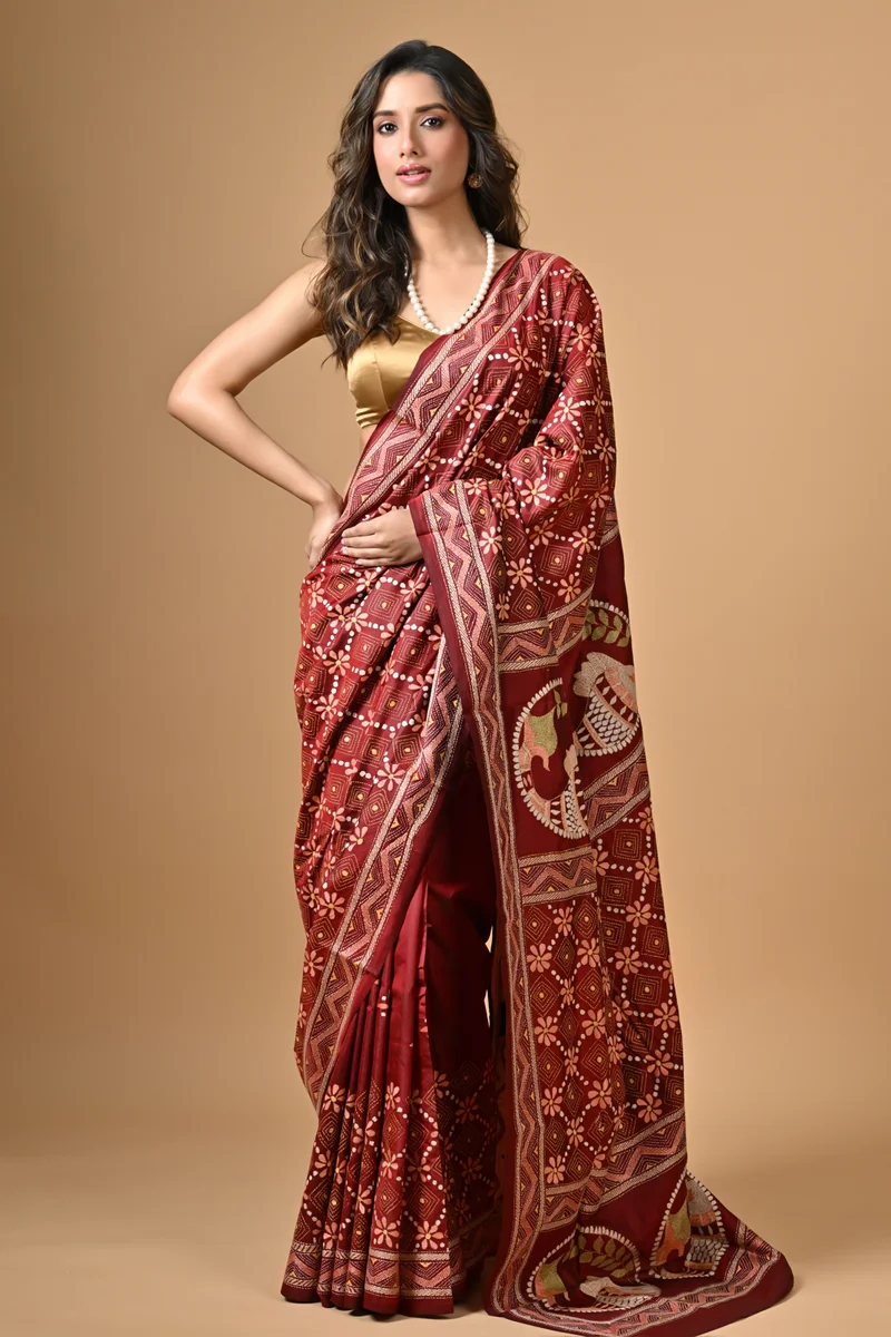 S302-1 Maroon Folk Motifs Kantha Hand Embroidered Pure Silk Saree - Image 1