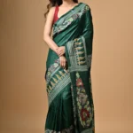 Dark Green Paisleys Kantha Hand Embroidered Pure Silk Saree