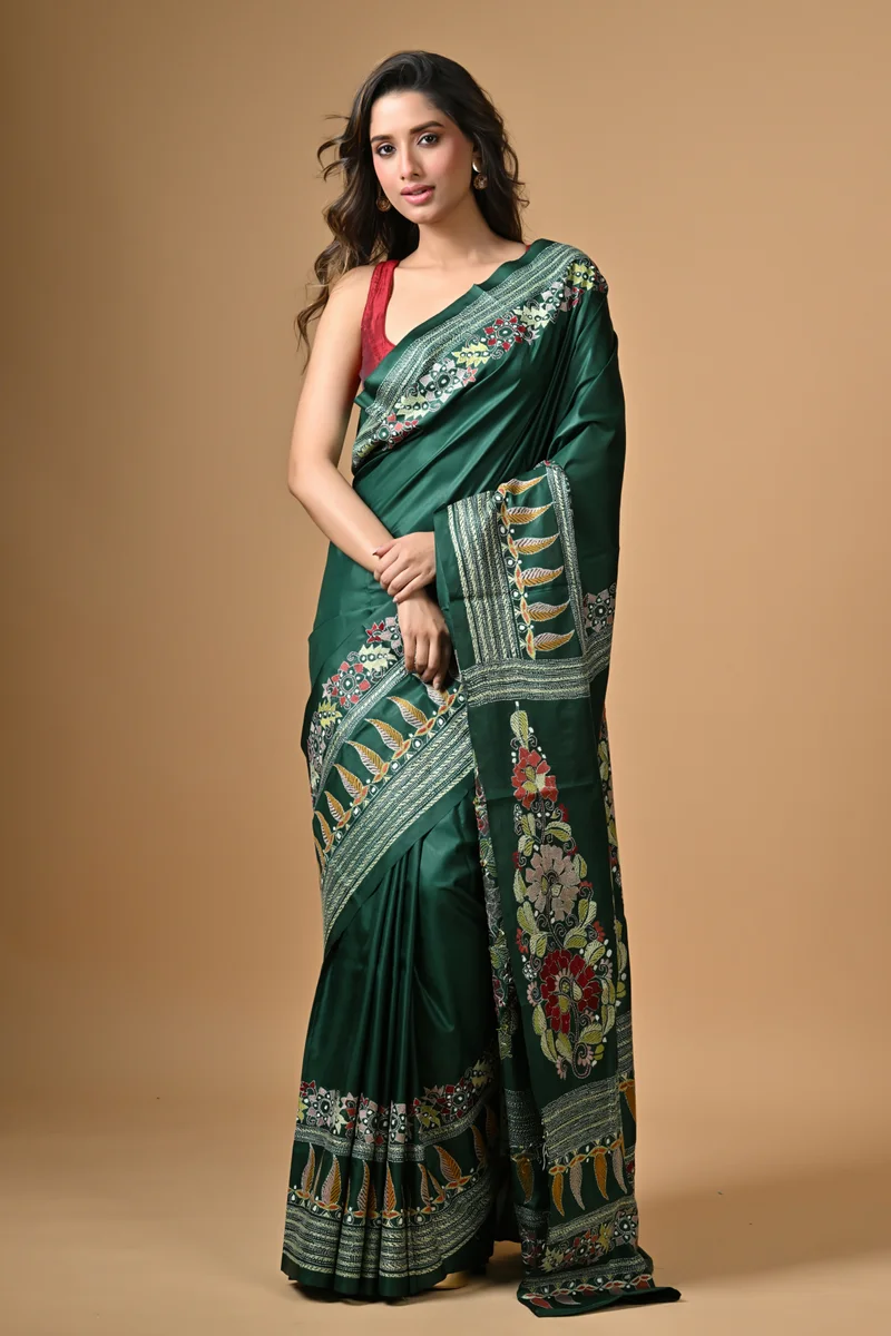S303-1 Dark Green Paisleys Kantha Hand Embroidered Pure Silk Saree - Image 1